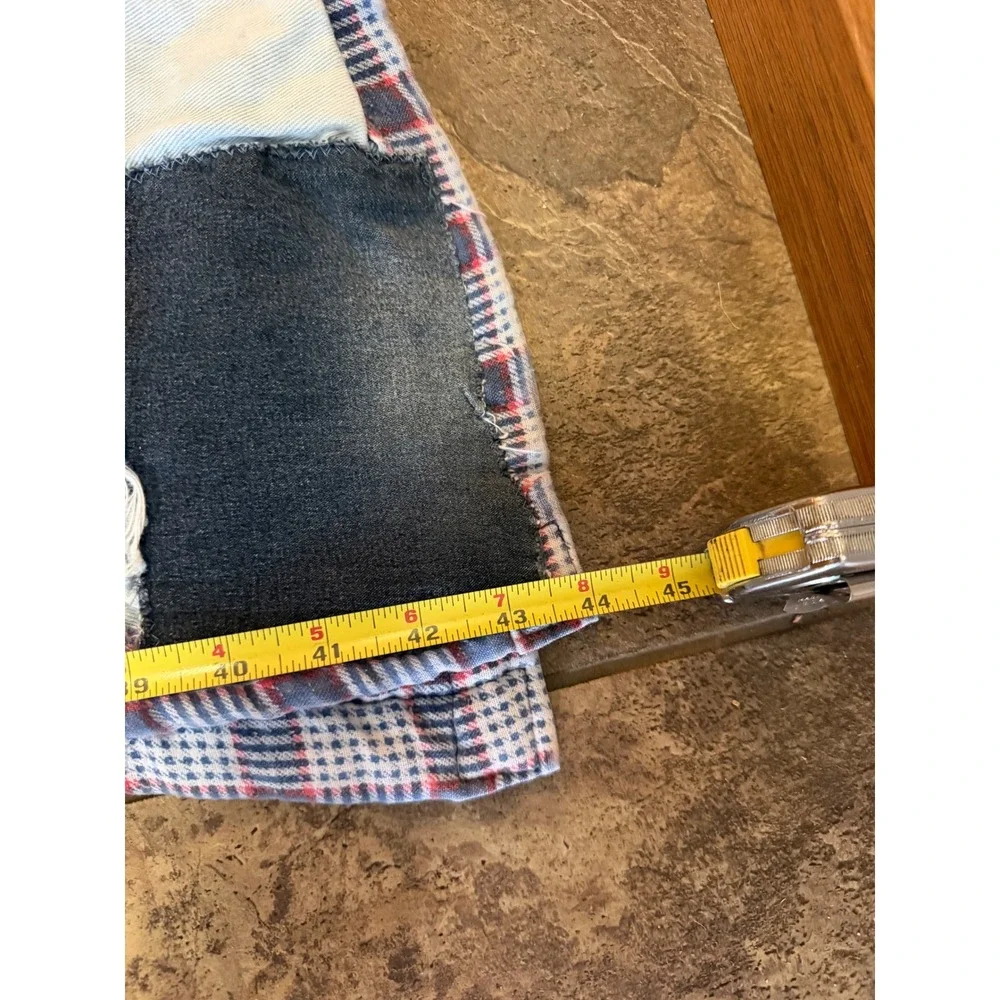 Handmade Patchwork Denim Quilt Levi Strauss Pocket Plaid Flannel Back 71x88